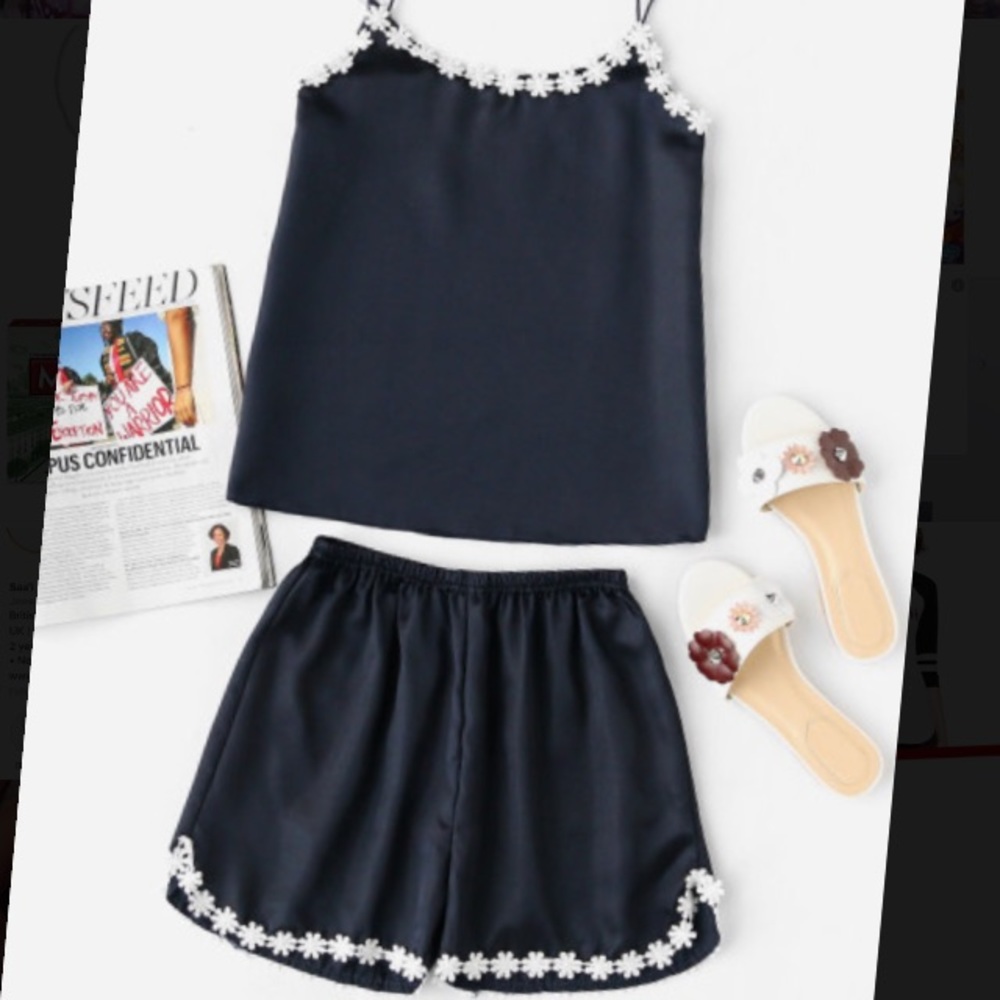 Blue lace crochet silk pj set